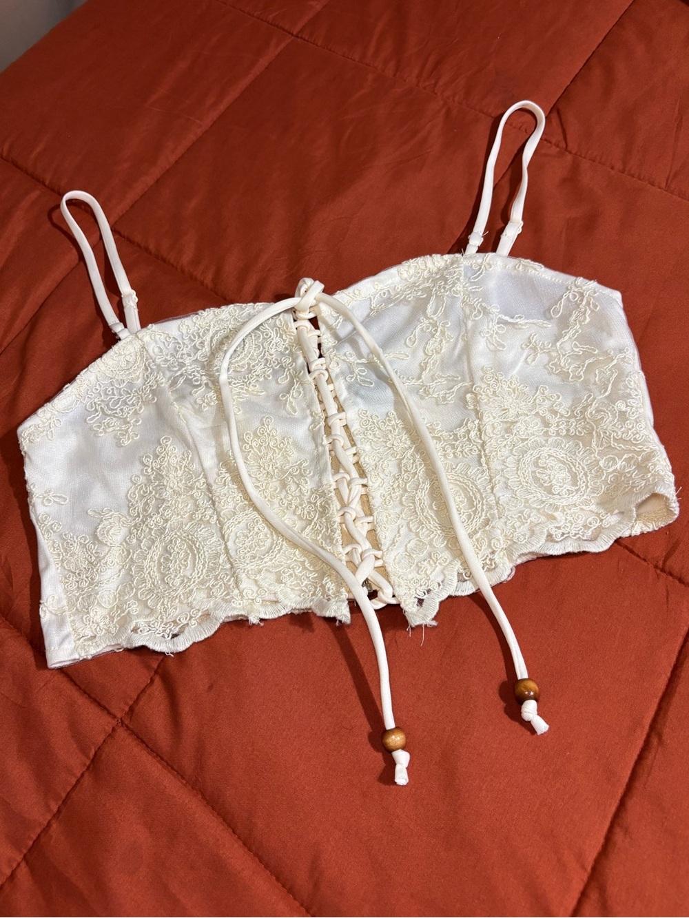 Embroidered Windsor Cream Lace-Up Crop Top NWT Adjustable Boho Western Vacation